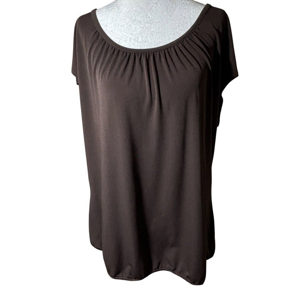 Worthington Dark Brown Draped Cap Sleeve Bubble Hem Blouse XL Business Casual